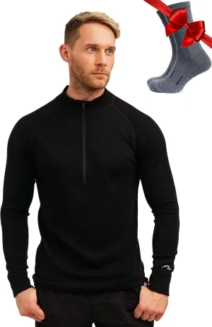 Merino Wool Base Layer Mens - Wool Half Zip Sweater Men - Merino Quarter Zip Sweater Lite, Midweight, Heavyweight and Socks