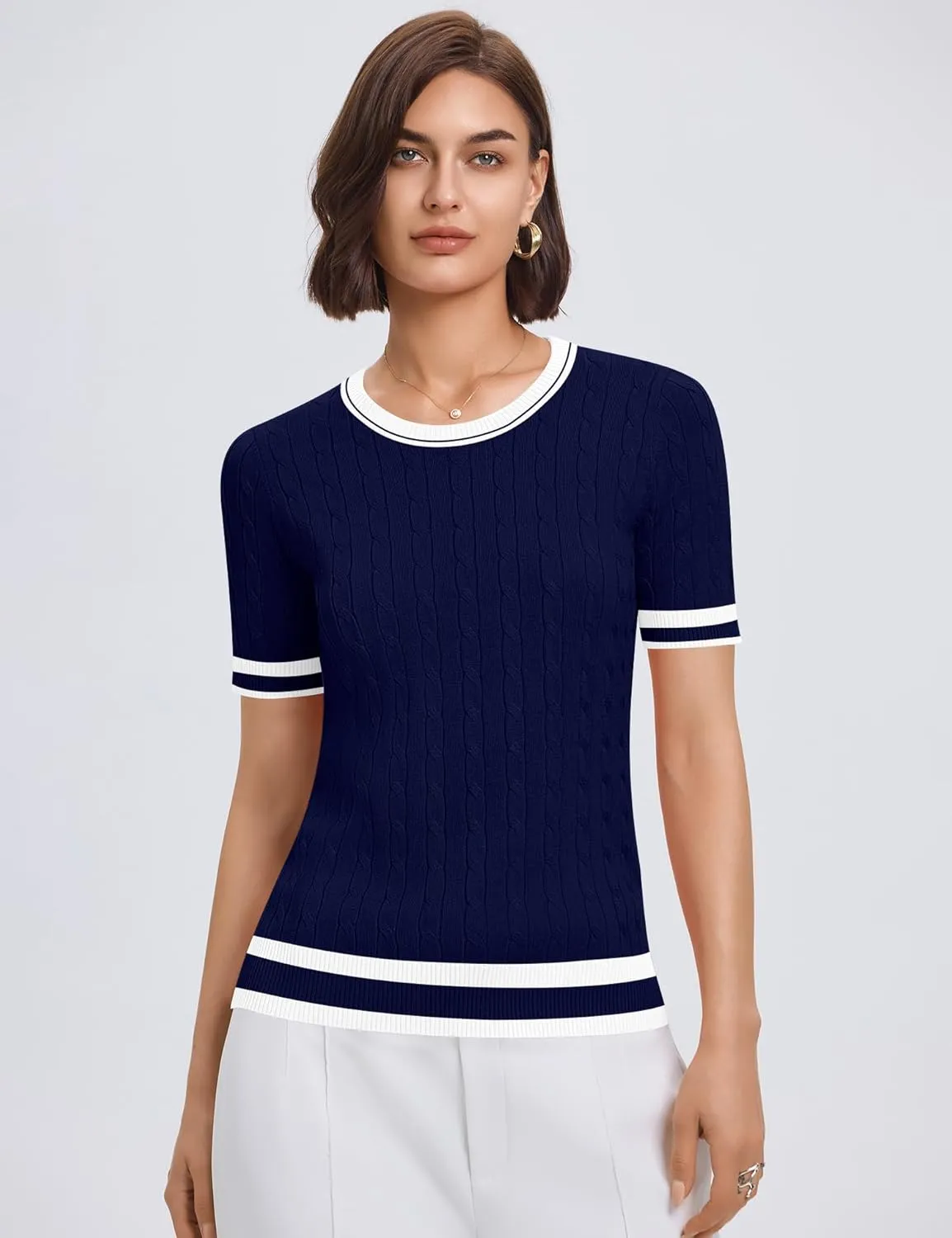 Micoson Womens Short Sleeve Cable Knit Sweater Tops Crewneck Lightweight Spring Summer Shirts Business Dressy Casual Outfits