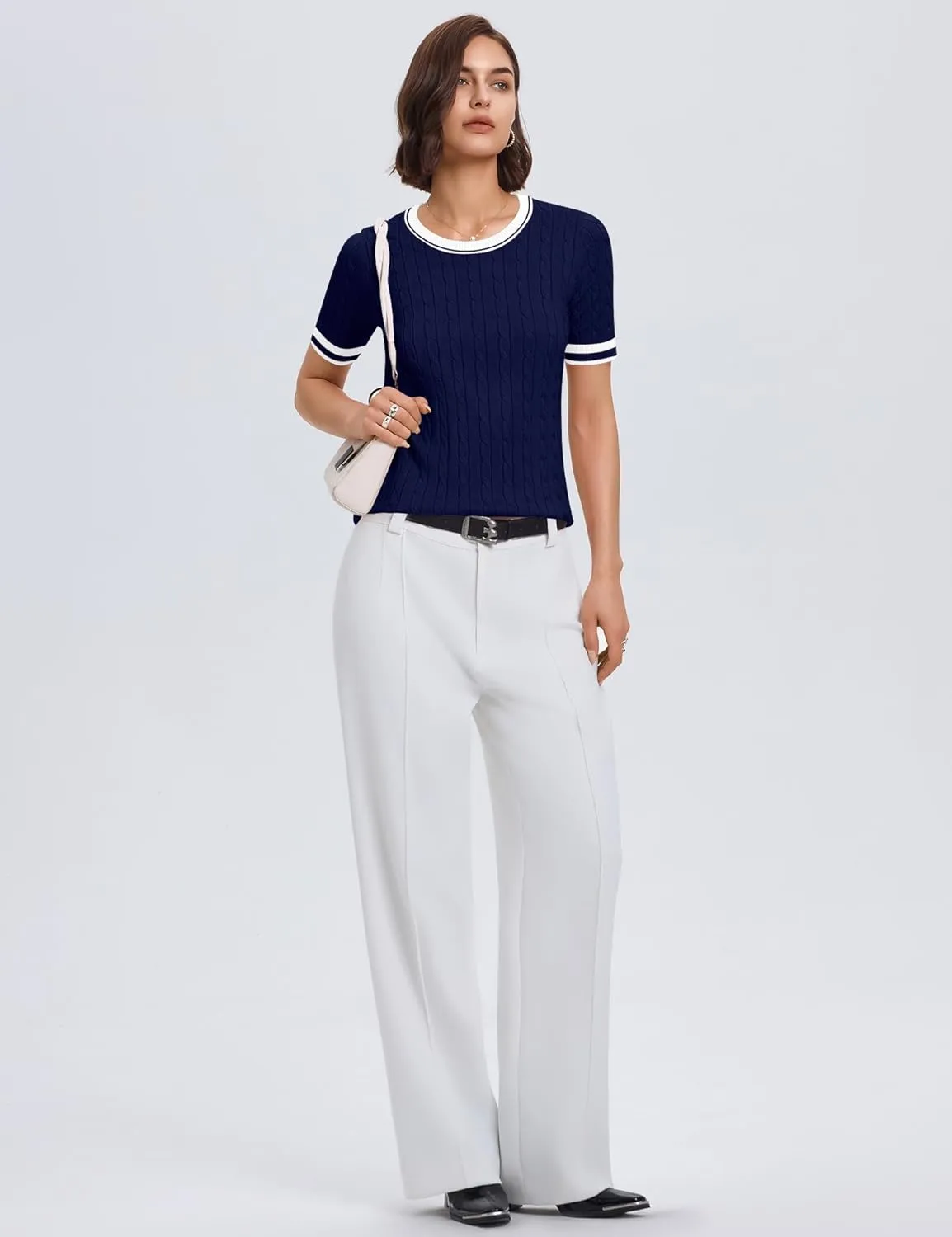 Micoson Womens Short Sleeve Cable Knit Sweater Tops Crewneck Lightweight Spring Summer Shirts Business Dressy Casual Outfits