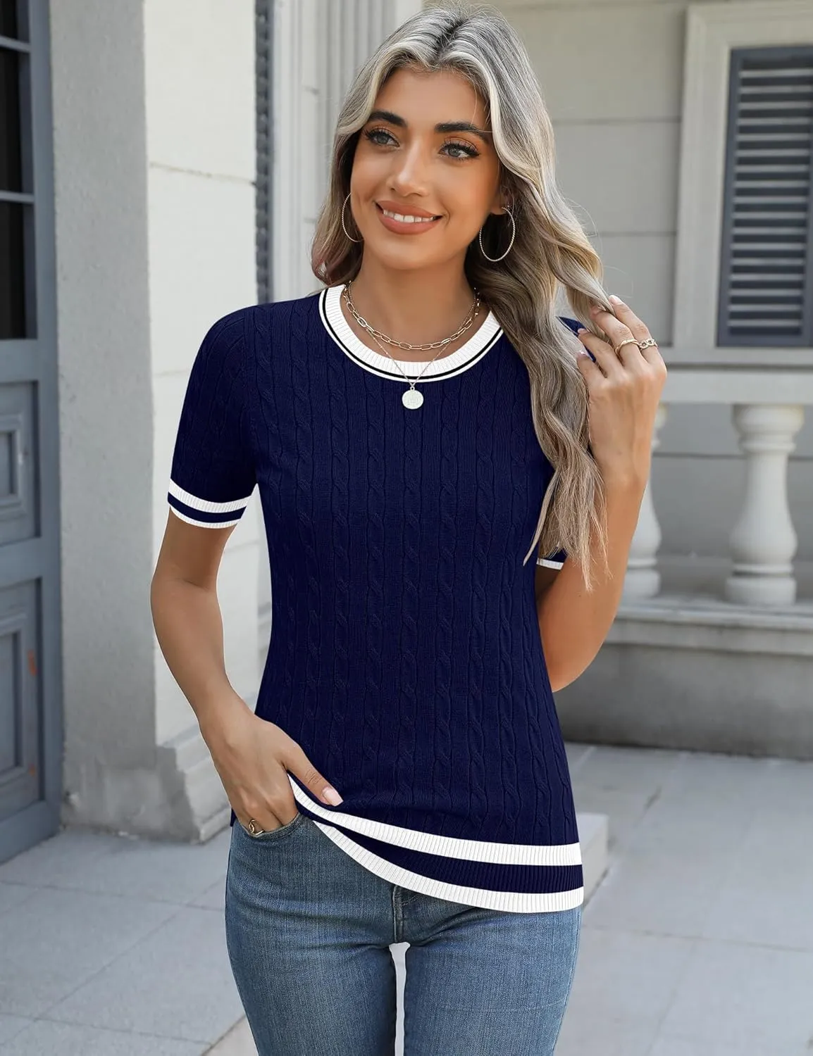Micoson Womens Short Sleeve Cable Knit Sweater Tops Crewneck Lightweight Spring Summer Shirts Business Dressy Casual Outfits