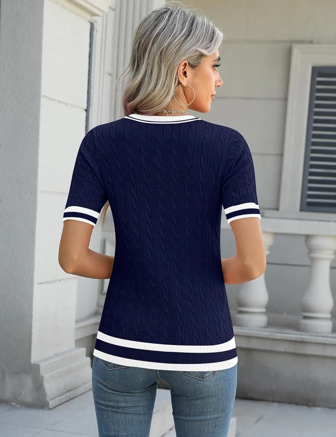 Micoson Womens Short Sleeve Cable Knit Sweater Tops Crewneck Lightweight Spring Summer Shirts Business Dressy Casual Outfits