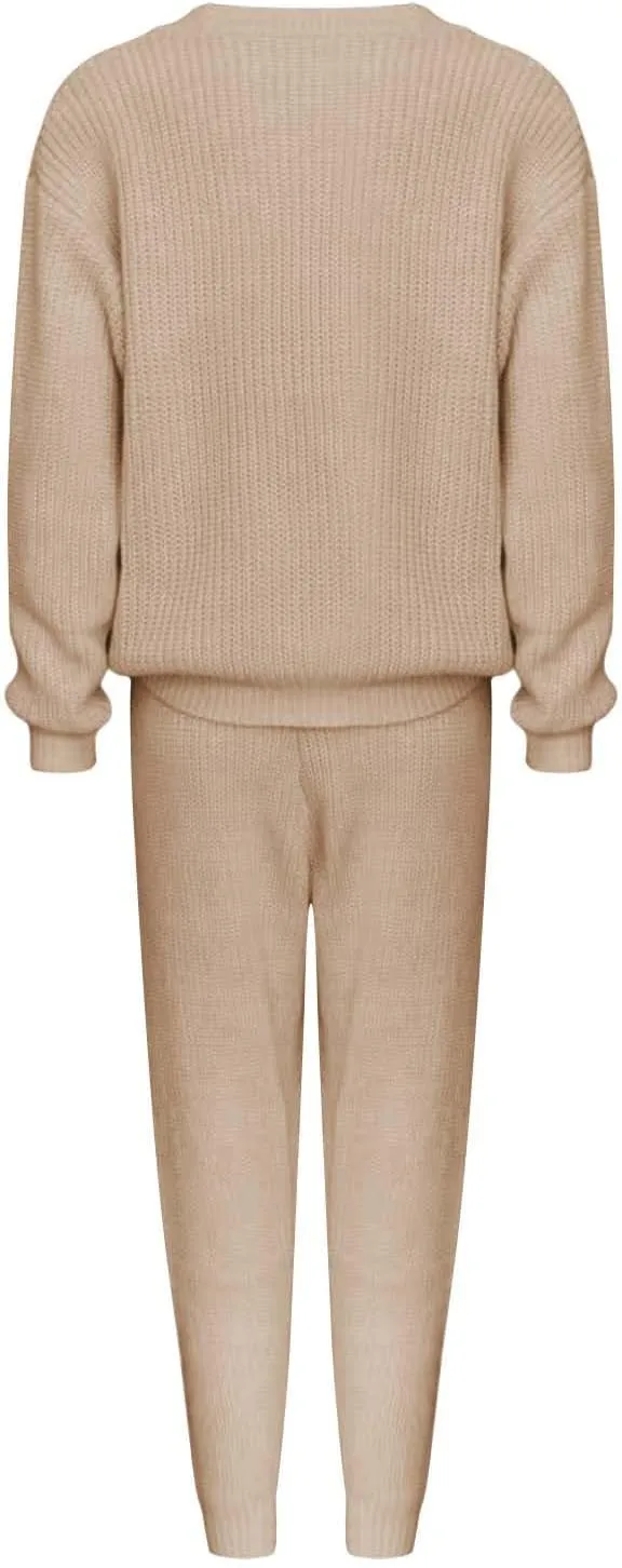 Miyaomn Casual Ribbed Knit Sets for Women 2 Piece Outfit Long Sleeve Pullover Sweater Top and Drawstring Long Pants Sweatsuit
