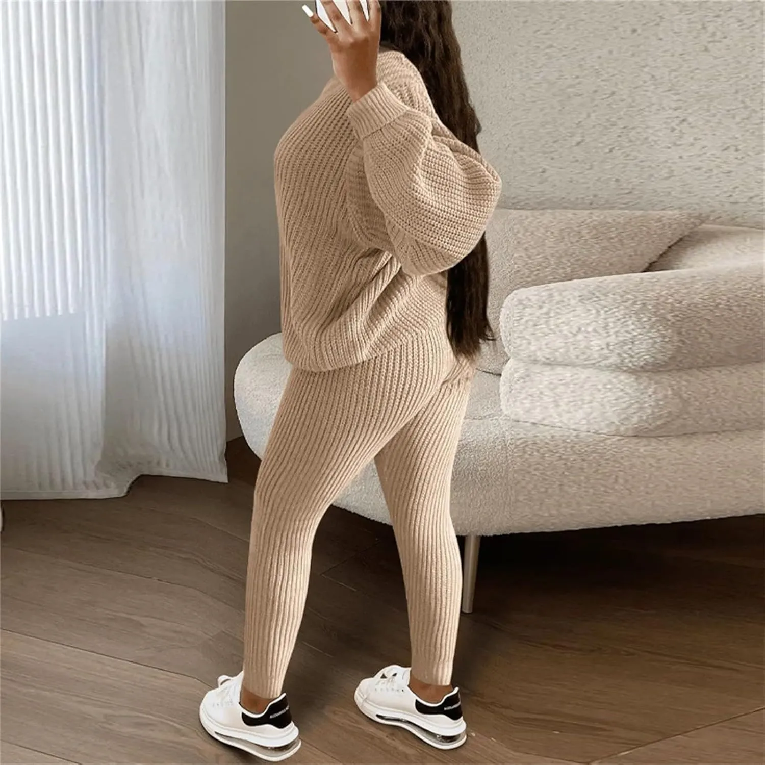 Miyaomn Casual Ribbed Knit Sets for Women 2 Piece Outfit Long Sleeve Pullover Sweater Top and Drawstring Long Pants Sweatsuit