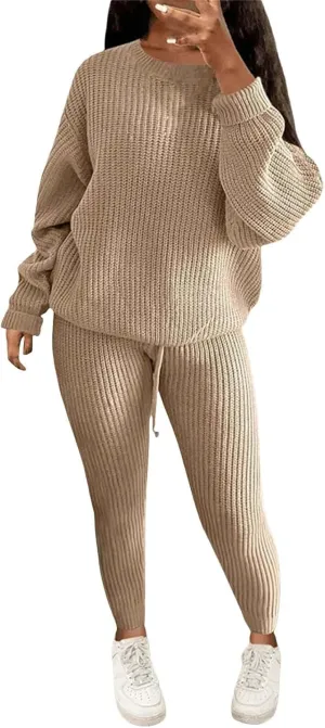 Miyaomn Casual Ribbed Knit Sets for Women 2 Piece Outfit Long Sleeve Pullover Sweater Top and Drawstring Long Pants Sweatsuit
