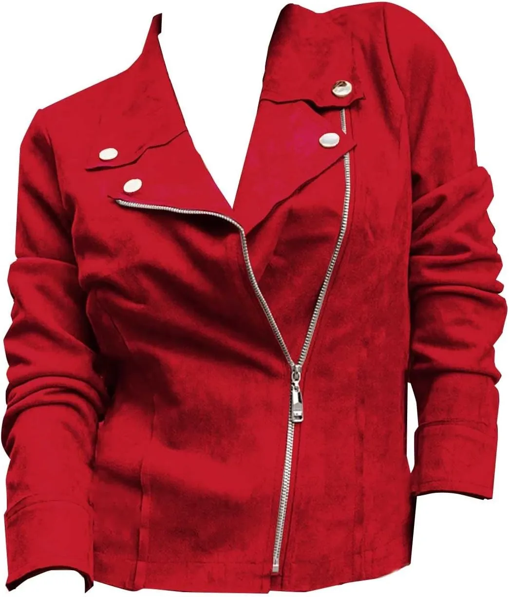 Miyaomn Faux Suede Leather Jacket for Women Motorcycle Cropped Coat Oblique Zip Up Biker Blazer Fashion Dressy Short Jackets