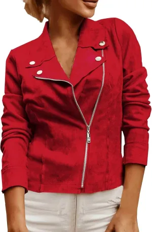 Miyaomn Faux Suede Leather Jacket for Women Motorcycle Cropped Coat Oblique Zip Up Biker Blazer Fashion Dressy Short Jackets