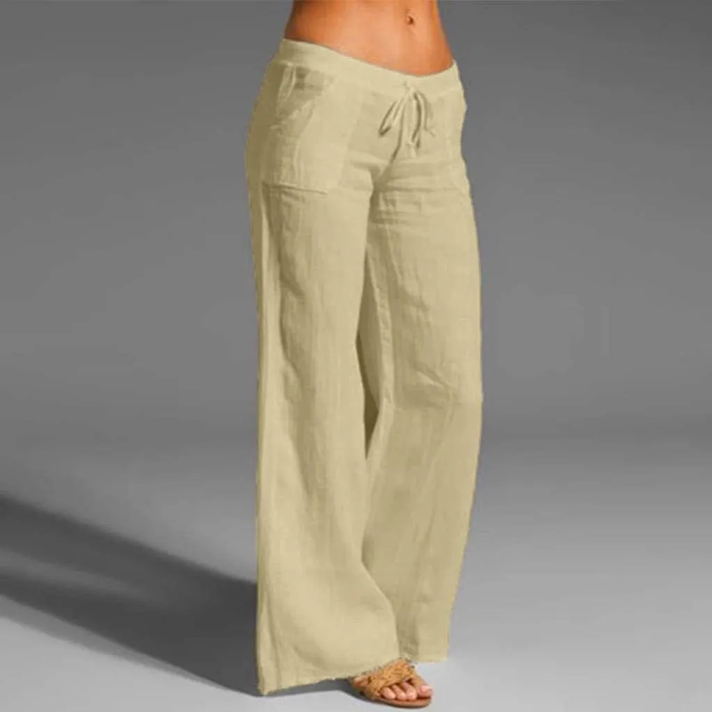 NATHGAM Women Cotton Linen Pants Summer Casual Lightweight Palazzo Trousers Trendy Wide Leg Flowy Loose Fit Drawstring Pants