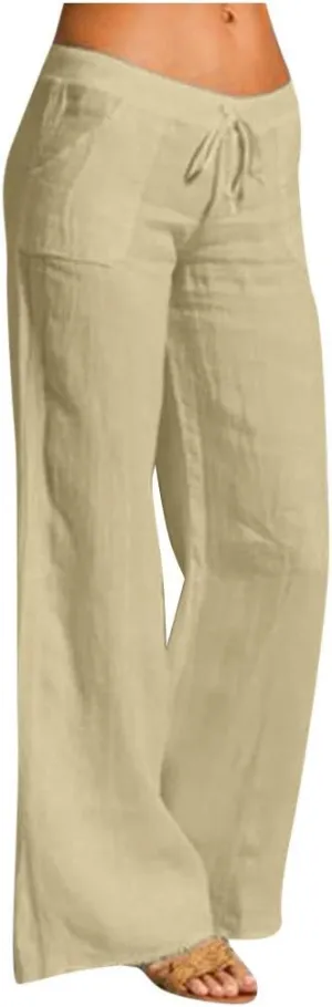 NATHGAM Women Cotton Linen Pants Summer Casual Lightweight Palazzo Trousers Trendy Wide Leg Flowy Loose Fit Drawstring Pants
