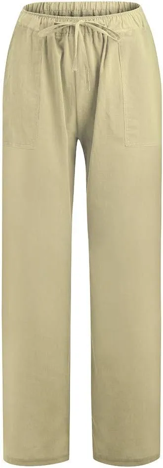 NATHGAM Women Cotton Linen Pants Summer Casual Lightweight Palazzo Trousers Trendy Wide Leg Flowy Loose Fit Drawstring Pants