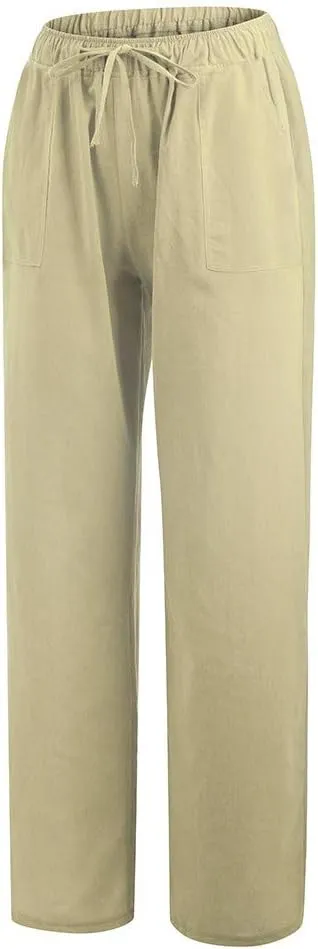 NATHGAM Women Cotton Linen Pants Summer Casual Lightweight Palazzo Trousers Trendy Wide Leg Flowy Loose Fit Drawstring Pants