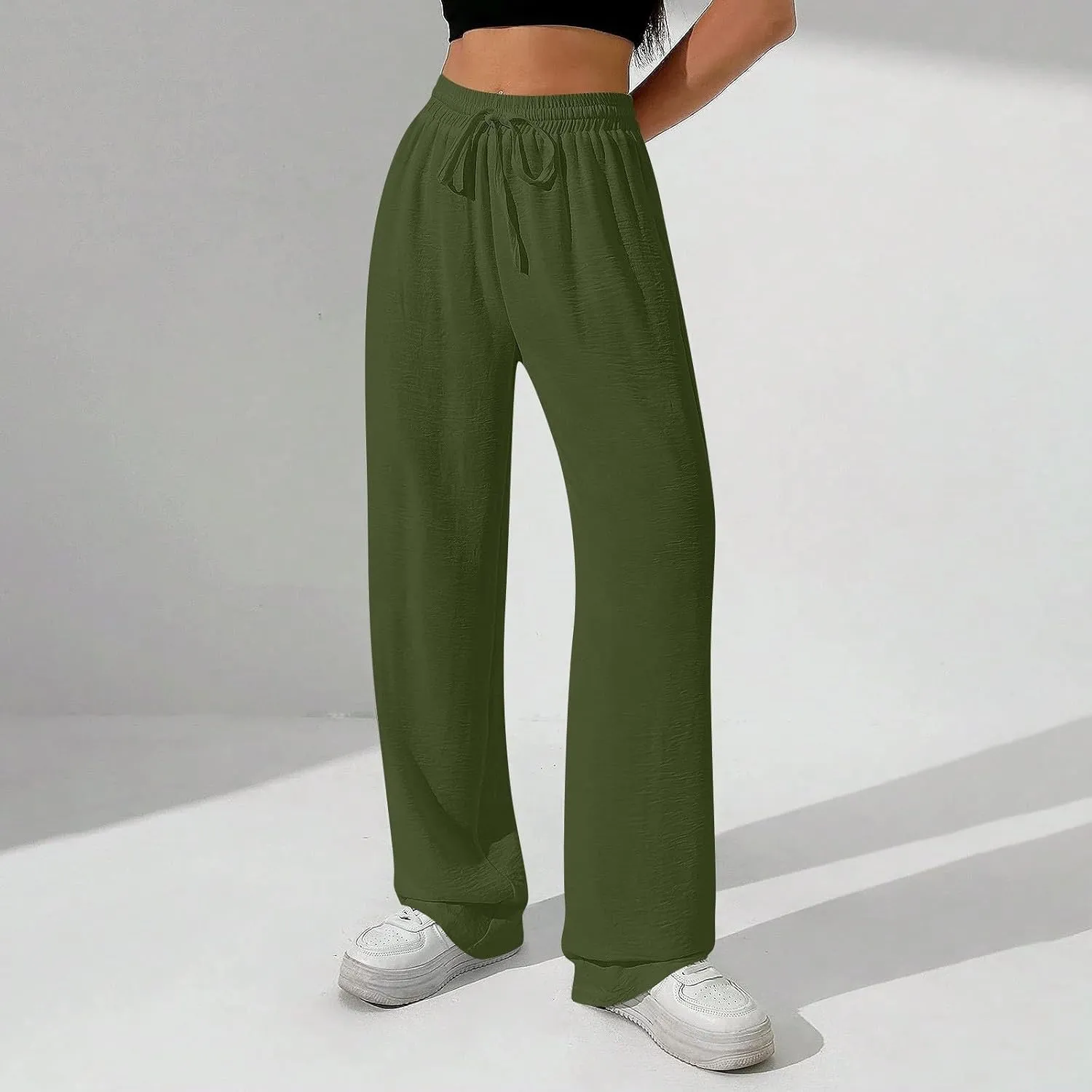 NBXNZWF Women's Cotton-Linen Pants Wide Leg Drawstring High Waist Casual Trousers Lounge Pant with Pockets Beach Outfits