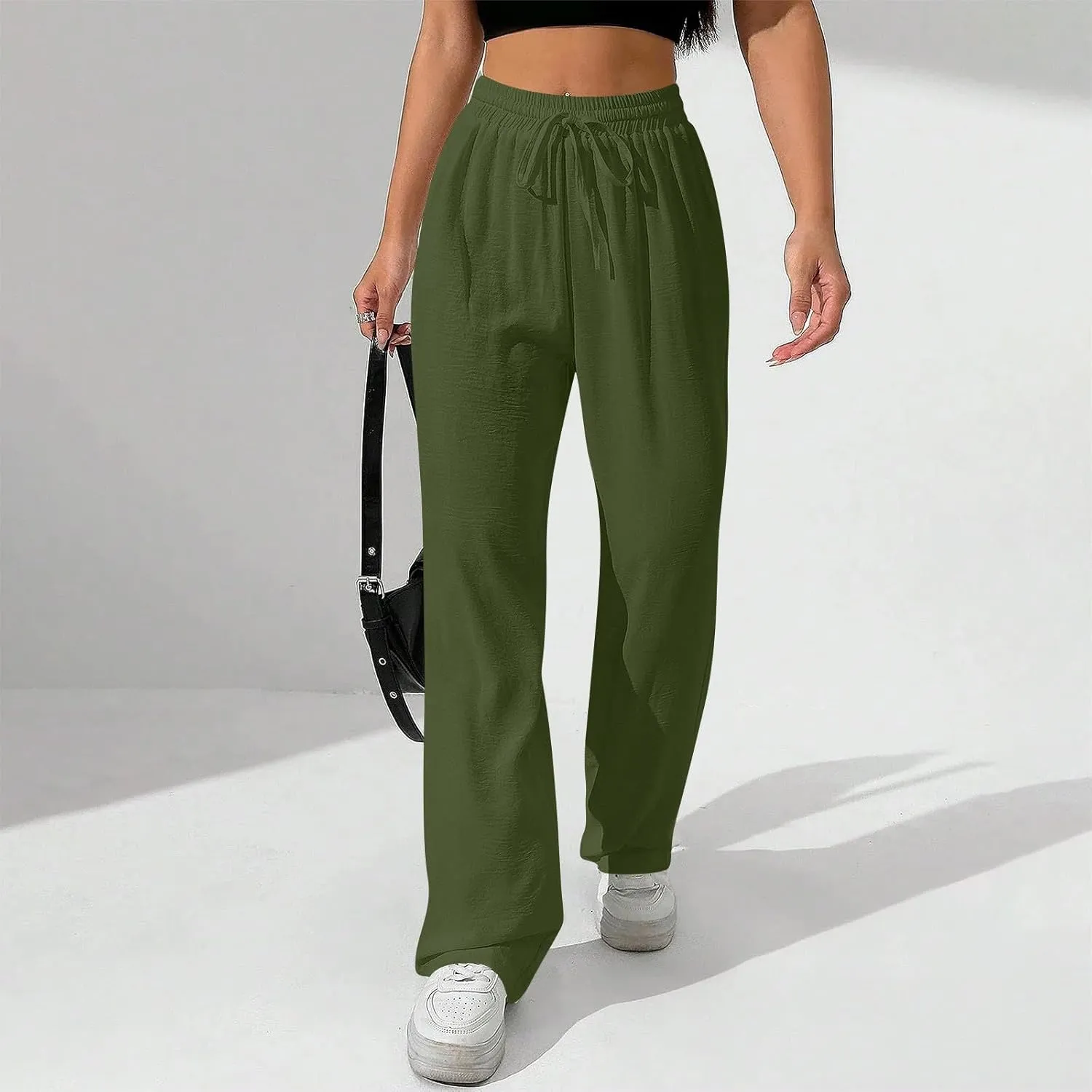 NBXNZWF Women's Cotton-Linen Pants Wide Leg Drawstring High Waist Casual Trousers Lounge Pant with Pockets Beach Outfits