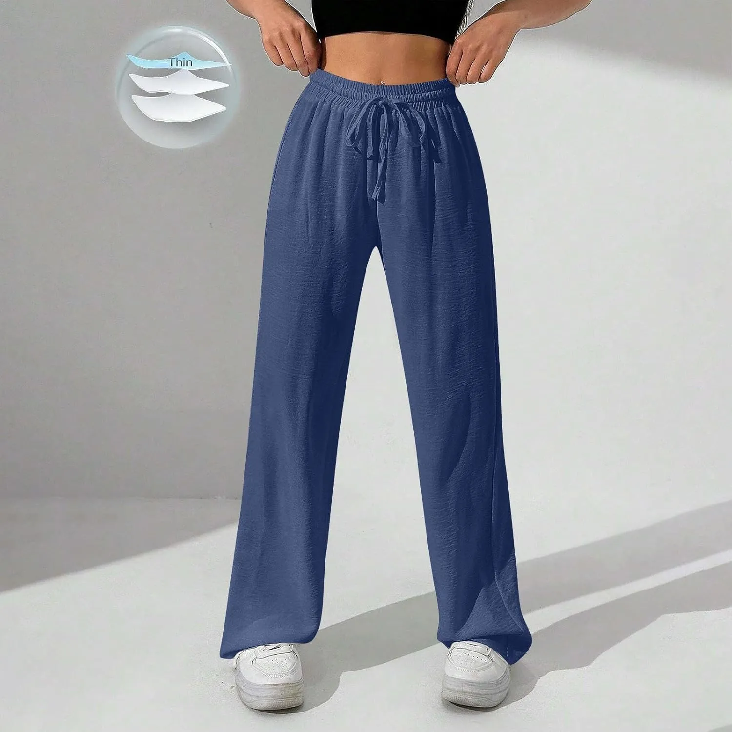 NBXNZWF Women's Cotton-Linen Pants Wide Leg Drawstring High Waist Casual Trousers Lounge Pant with Pockets Beach Outfits