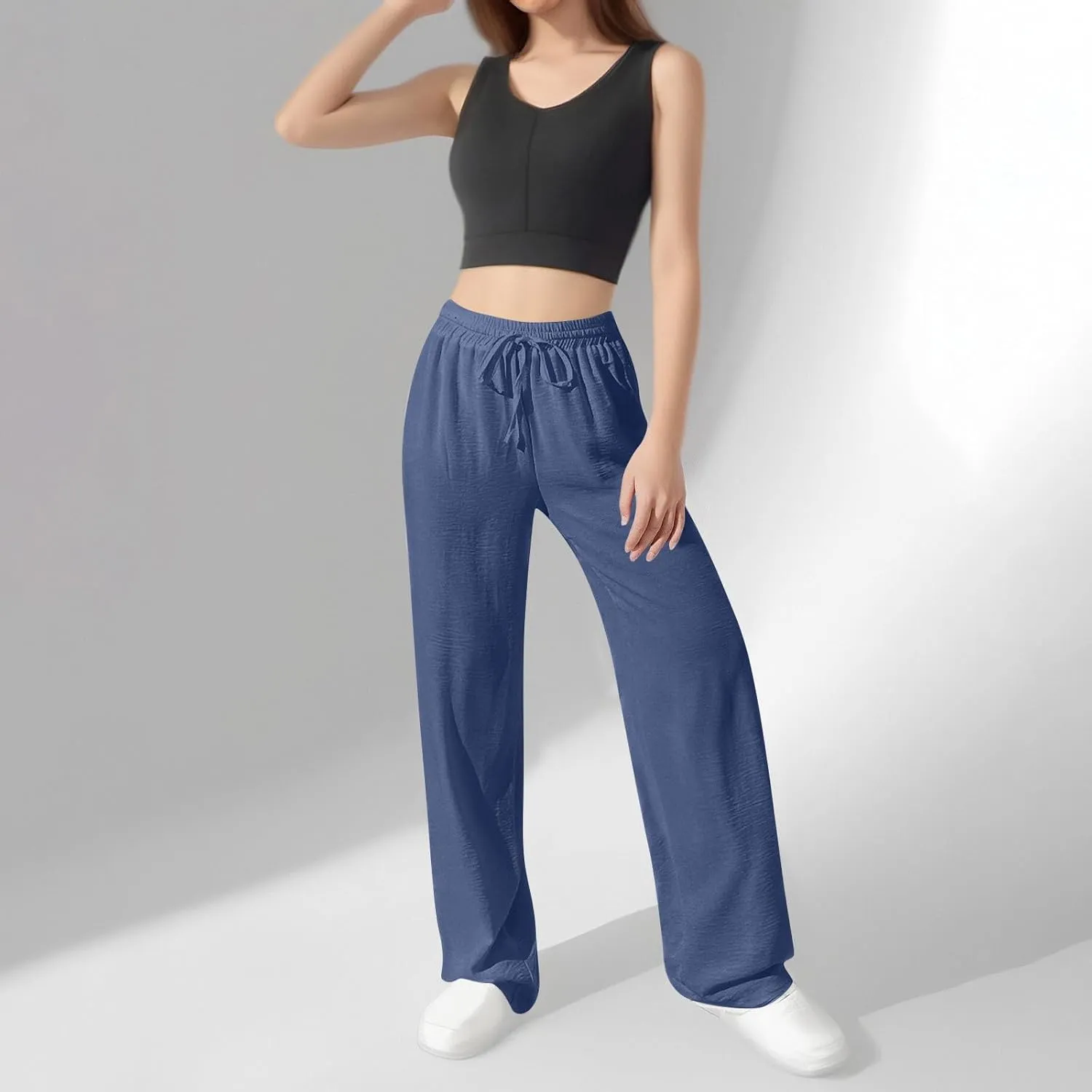 NBXNZWF Women's Cotton-Linen Pants Wide Leg Drawstring High Waist Casual Trousers Lounge Pant with Pockets Beach Outfits