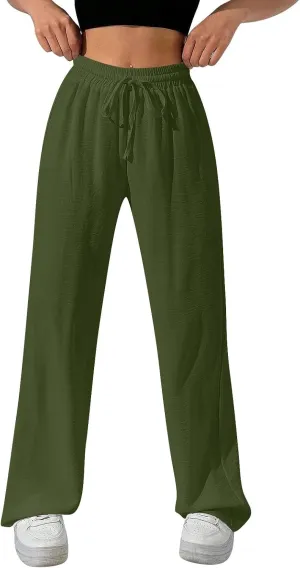 NBXNZWF Women's Cotton-Linen Pants Wide Leg Drawstring High Waist Casual Trousers Lounge Pant with Pockets Beach Outfits