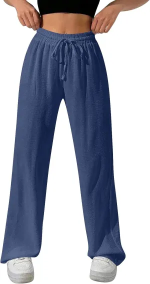 NBXNZWF Women's Cotton-Linen Pants Wide Leg Drawstring High Waist Casual Trousers Lounge Pant with Pockets Beach Outfits