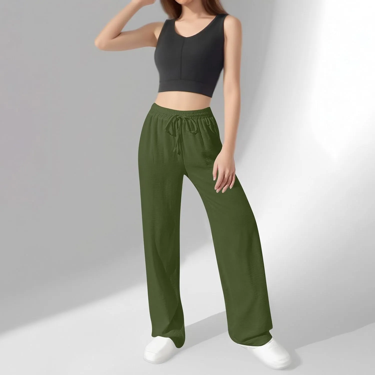 NBXNZWF Women's Cotton-Linen Pants Wide Leg Drawstring High Waist Casual Trousers Lounge Pant with Pockets Beach Outfits