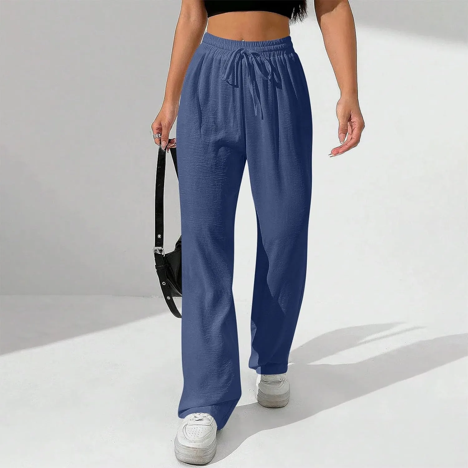 NBXNZWF Women's Cotton-Linen Pants Wide Leg Drawstring High Waist Casual Trousers Lounge Pant with Pockets Beach Outfits