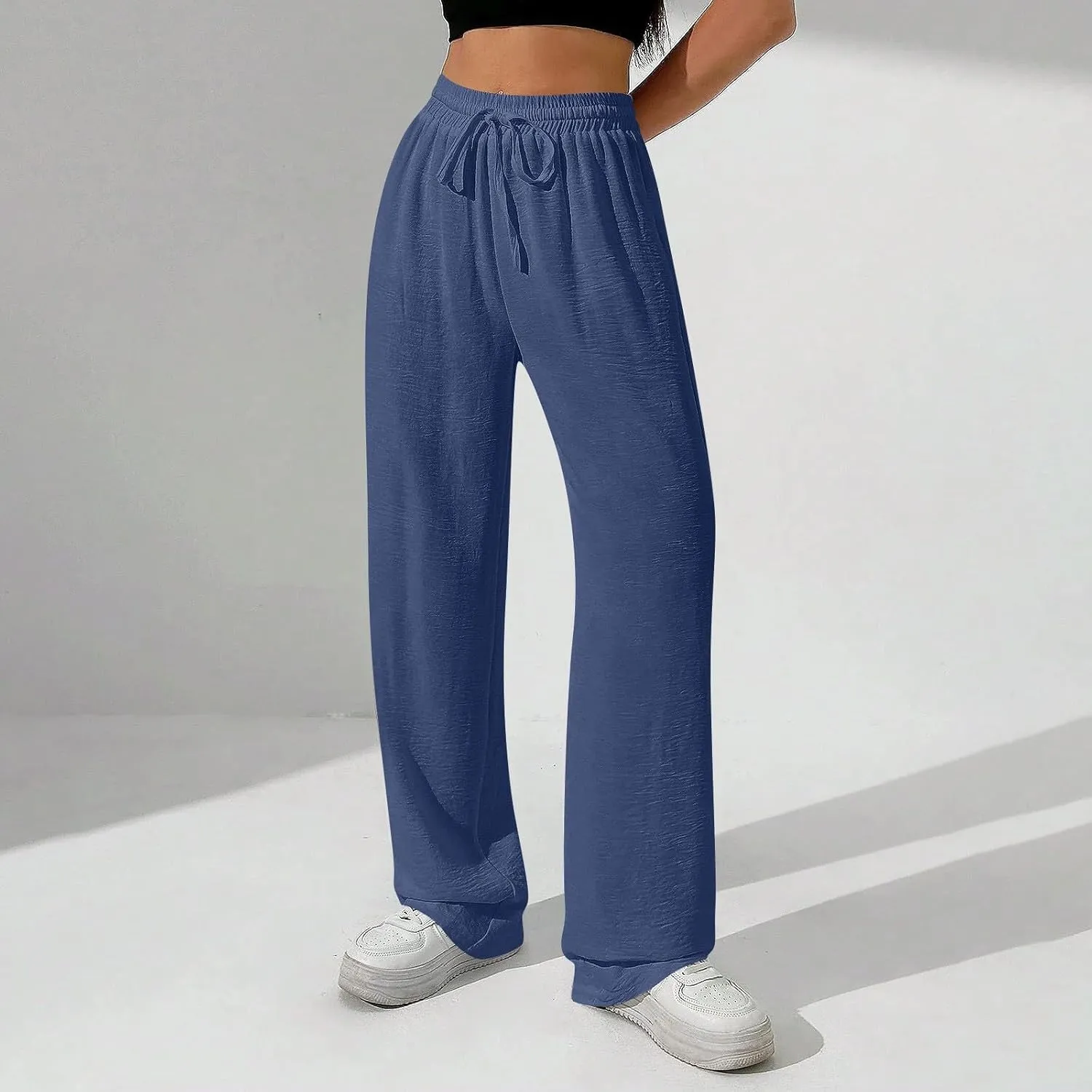 NBXNZWF Women's Cotton-Linen Pants Wide Leg Drawstring High Waist Casual Trousers Lounge Pant with Pockets Beach Outfits