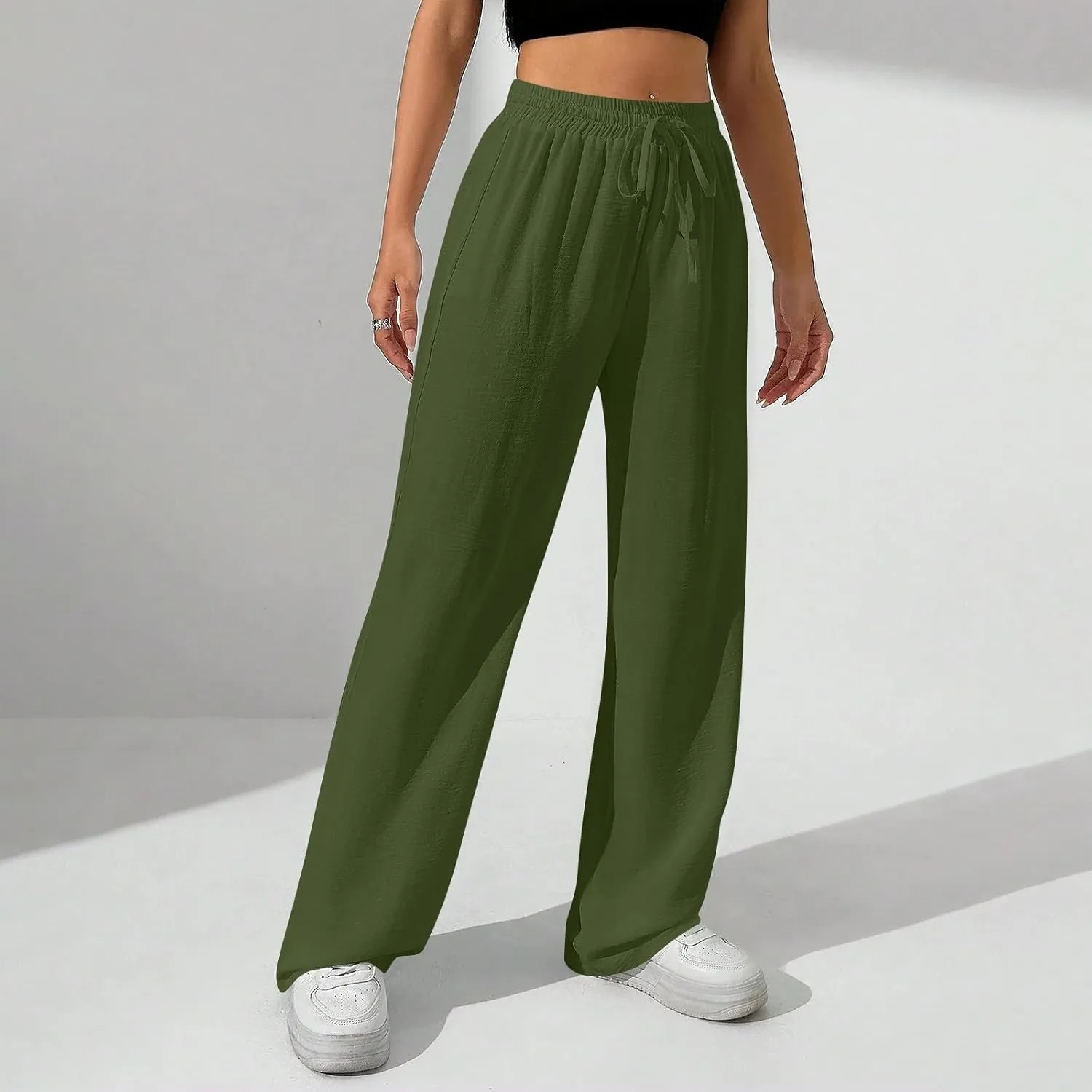 NBXNZWF Women's Cotton-Linen Pants Wide Leg Drawstring High Waist Casual Trousers Lounge Pant with Pockets Beach Outfits