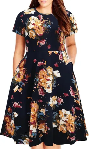 Nemidor Plus Size Casual Dresses for Curvy Women Summer Short Sleeve Fit and Flare Midi Swing Dress with Pocket