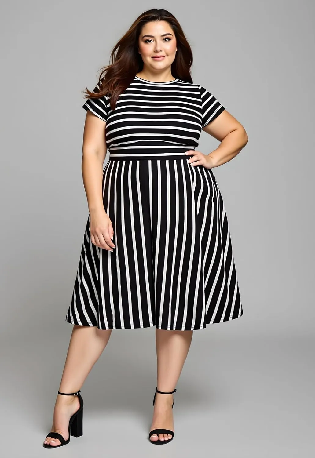 Nemidor Plus Size Casual Dresses for Curvy Women Summer Short Sleeve Fit and Flare Midi Swing Dress with Pocket