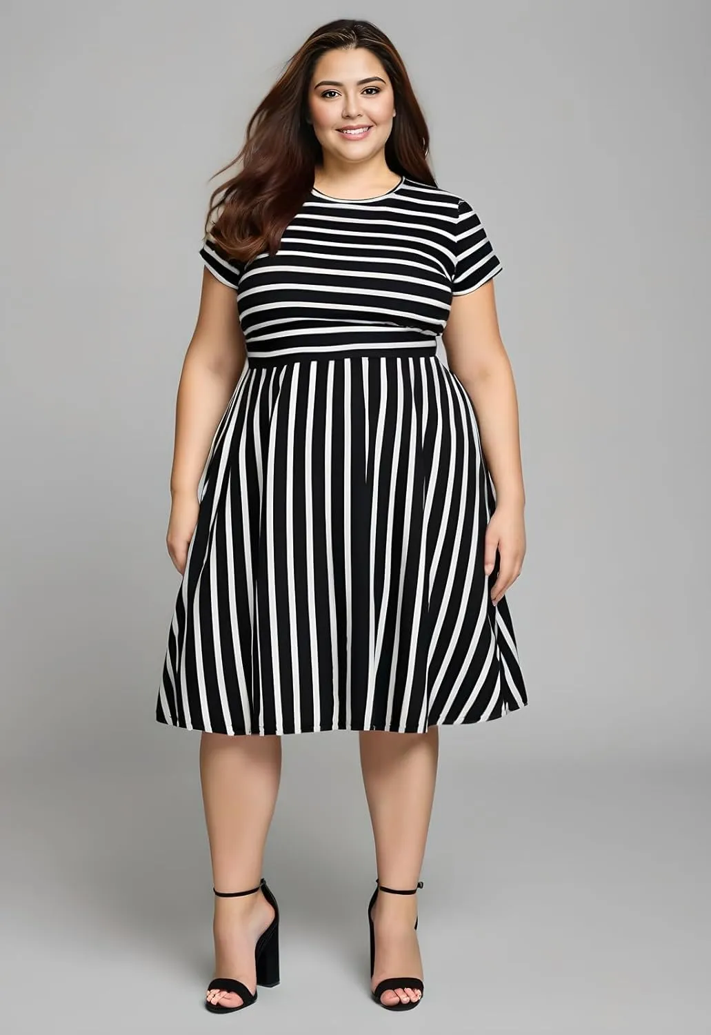 Nemidor Plus Size Casual Dresses for Curvy Women Summer Short Sleeve Fit and Flare Midi Swing Dress with Pocket