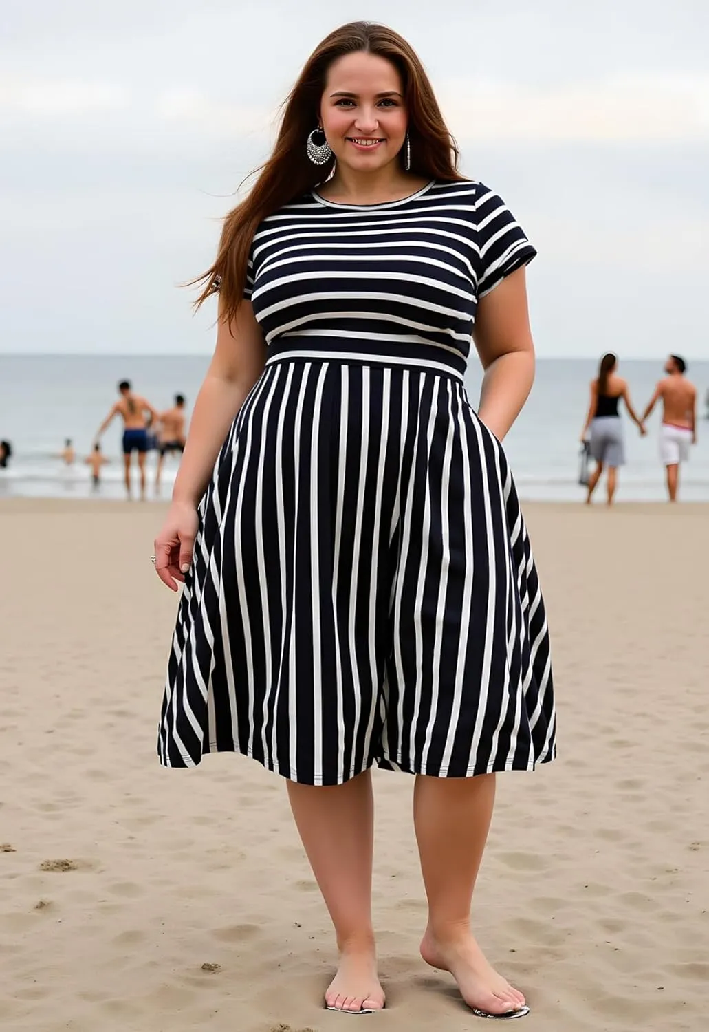 Nemidor Plus Size Casual Dresses for Curvy Women Summer Short Sleeve Fit and Flare Midi Swing Dress with Pocket