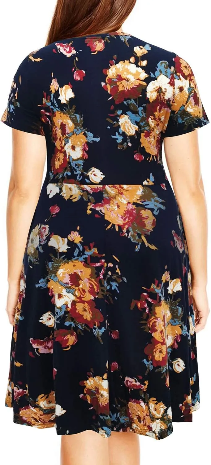 Nemidor Plus Size Casual Dresses for Curvy Women Summer Short Sleeve Fit and Flare Midi Swing Dress with Pocket