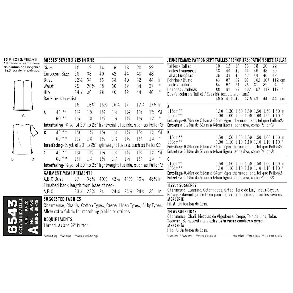 Newlook Pattern 6543 Misses' Easy Tops