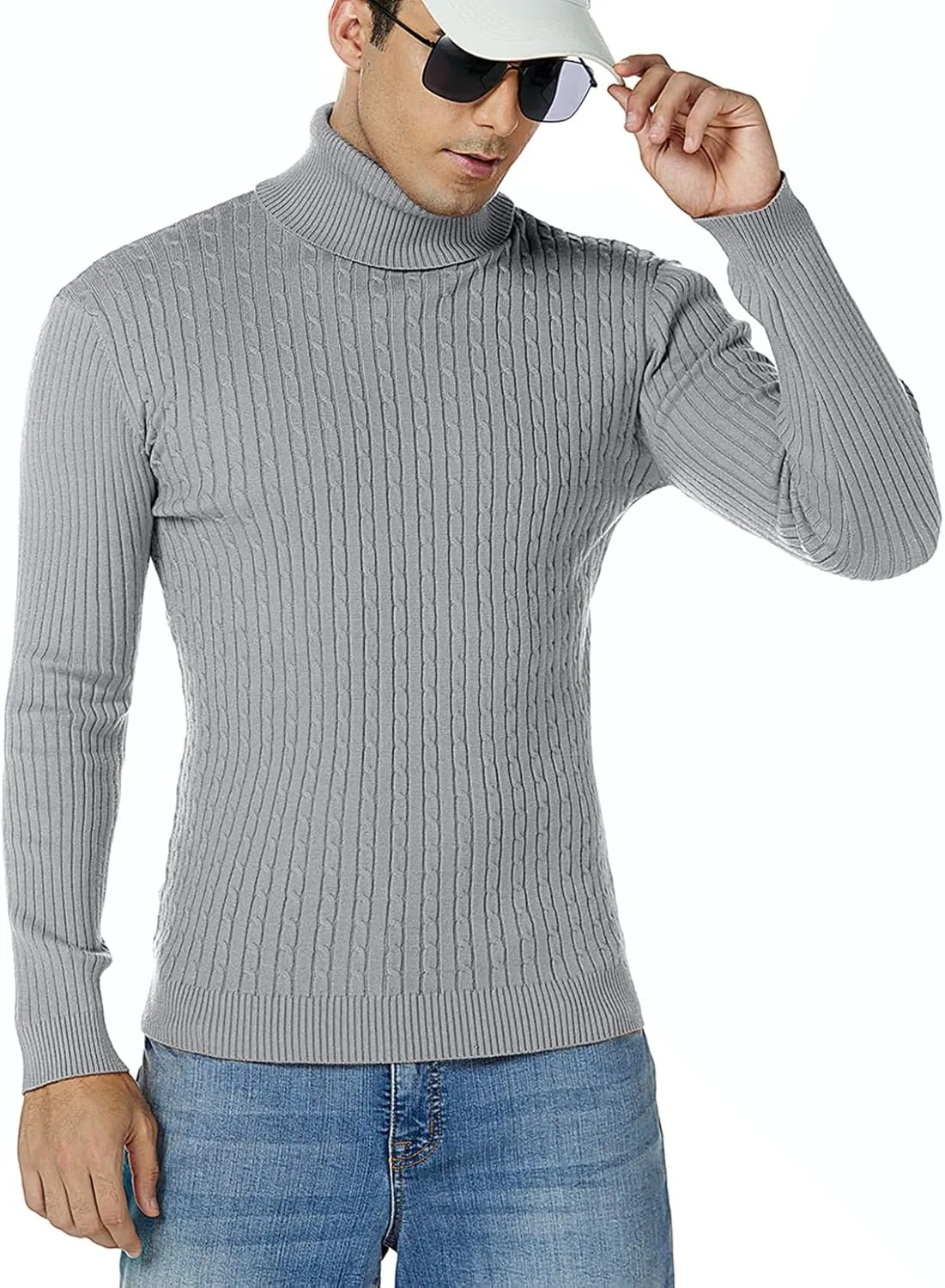 nine bull Mens Slim Fit Turtleneck Sweater Cable Knit Thermal Pullover Sweater