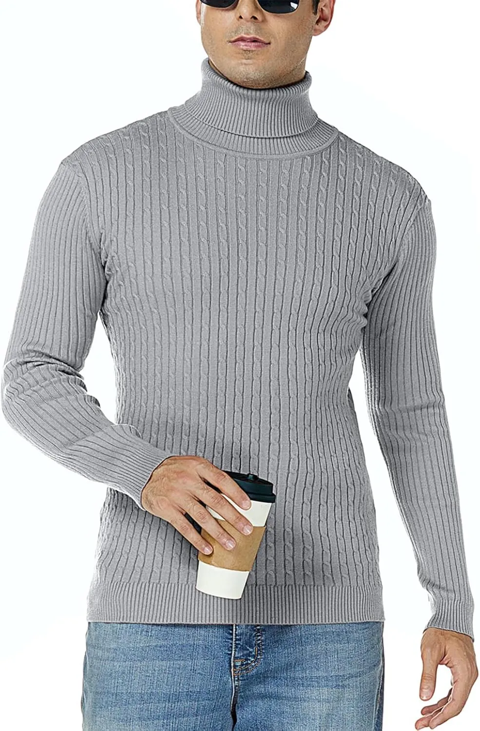 nine bull Mens Slim Fit Turtleneck Sweater Cable Knit Thermal Pullover Sweater
