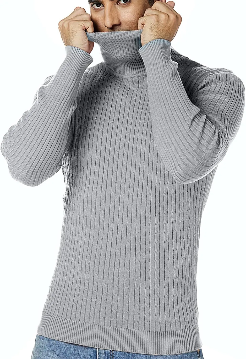 nine bull Mens Slim Fit Turtleneck Sweater Cable Knit Thermal Pullover Sweater
