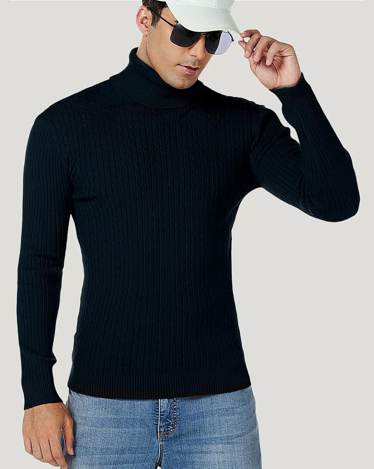 nine bull Mens Slim Fit Turtleneck Sweater Cable Knit Thermal Pullover Sweater