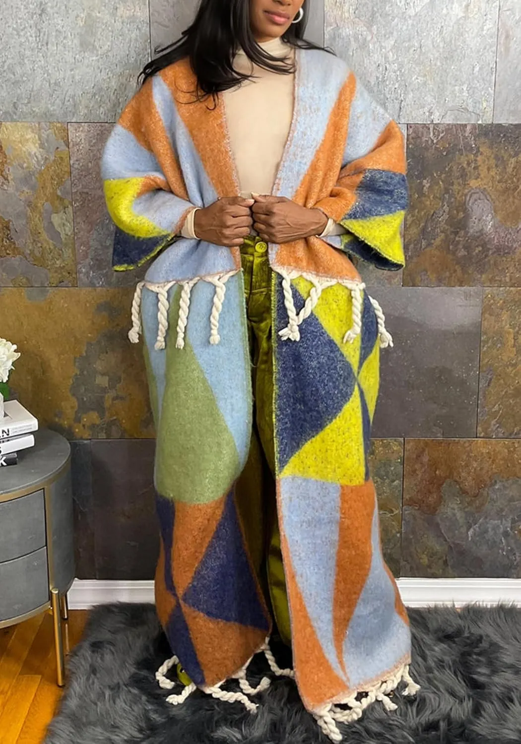 NRTHYE Women's Tassel Sweater Cardigan Open Front Fringe Colorful Long Cardigan Poncho Wrap Sweater