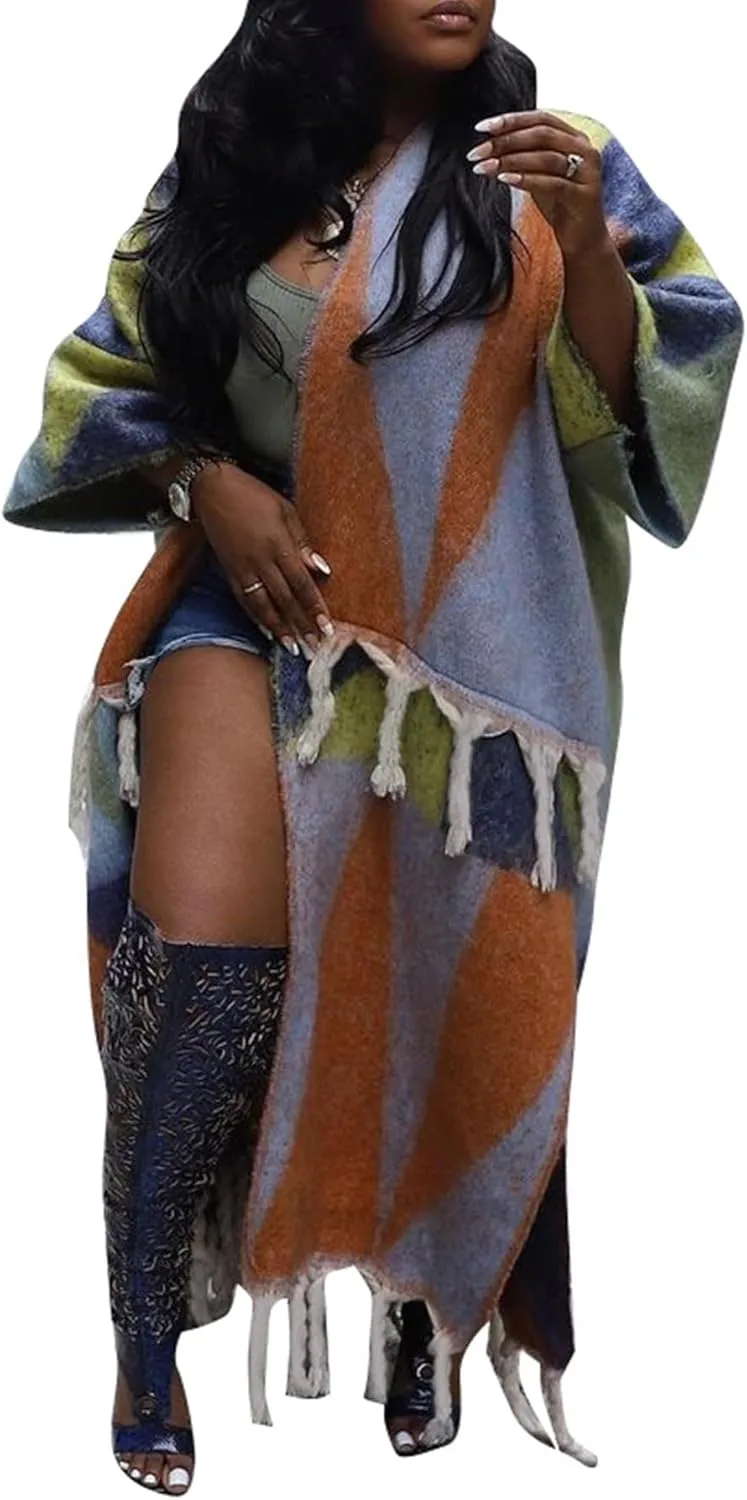 NRTHYE Women's Tassel Sweater Cardigan Open Front Fringe Colorful Long Cardigan Poncho Wrap Sweater