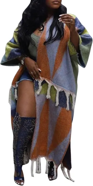 NRTHYE Women's Tassel Sweater Cardigan Open Front Fringe Colorful Long Cardigan Poncho Wrap Sweater