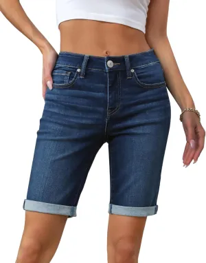 OFLUCK Shorts for Women Mid Rise Roll Cuff Bermuda Stretch Denim Jean Shorts
