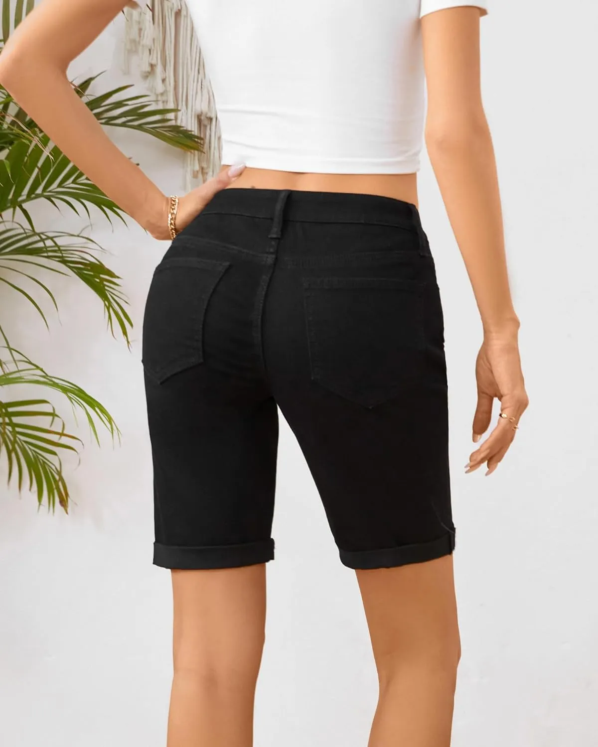 OFLUCK Shorts for Women Mid Rise Roll Cuff Bermuda Stretch Denim Jean Shorts