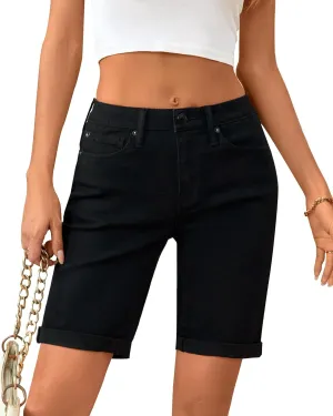 OFLUCK Shorts for Women Mid Rise Roll Cuff Bermuda Stretch Denim Jean Shorts