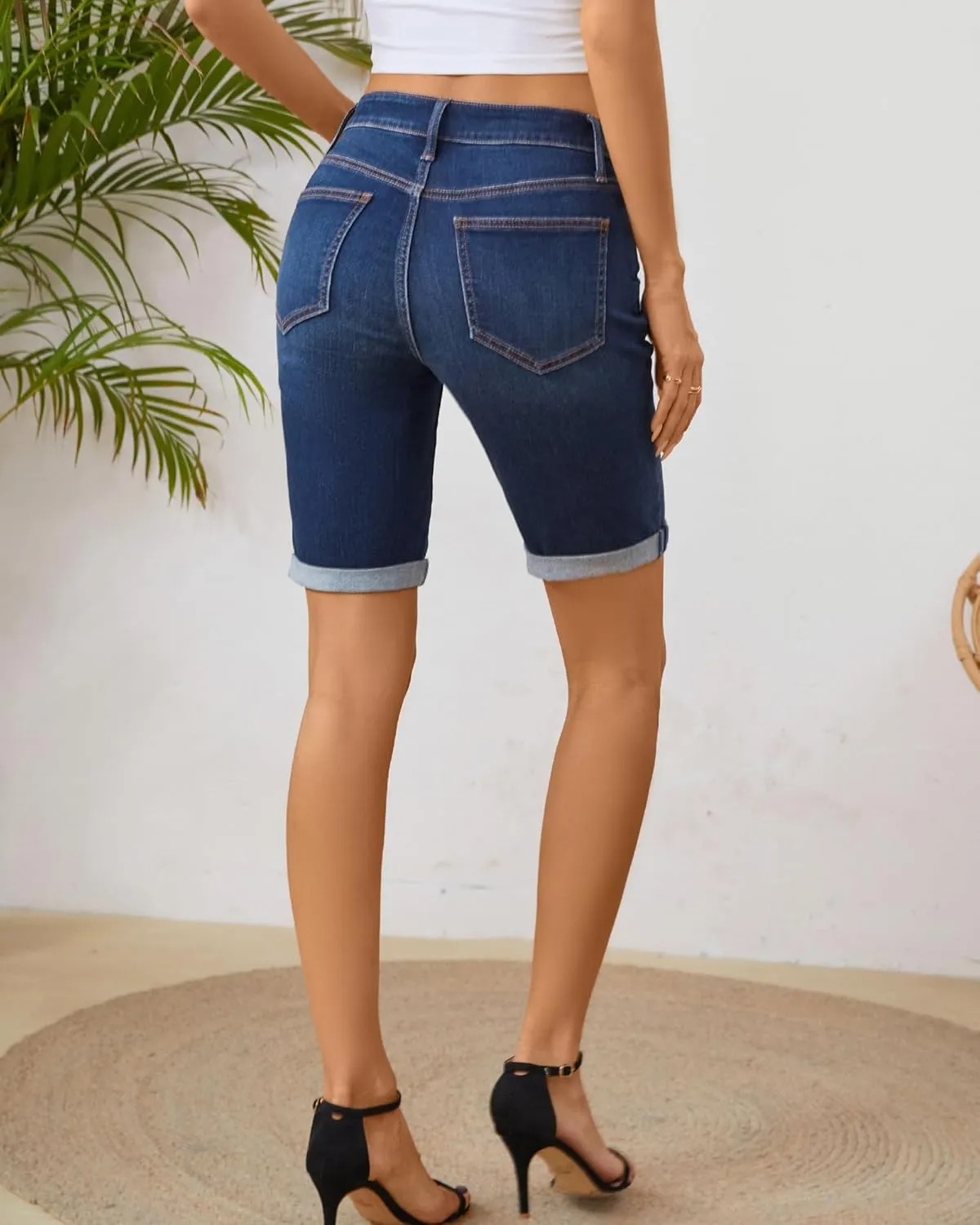 OFLUCK Shorts for Women Mid Rise Roll Cuff Bermuda Stretch Denim Jean Shorts