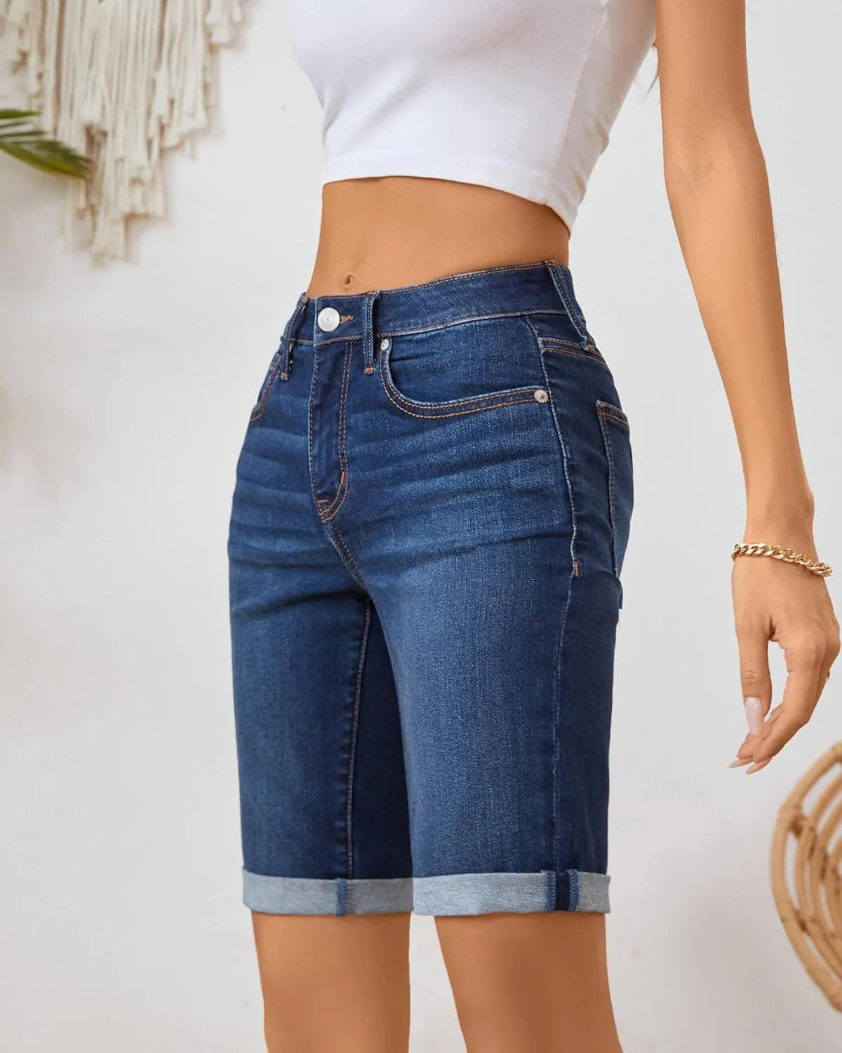 OFLUCK Shorts for Women Mid Rise Roll Cuff Bermuda Stretch Denim Jean Shorts