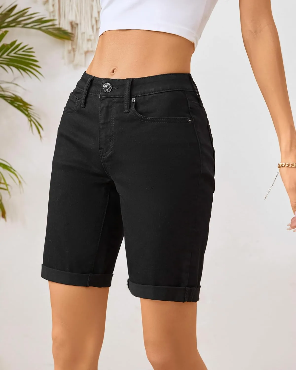 OFLUCK Shorts for Women Mid Rise Roll Cuff Bermuda Stretch Denim Jean Shorts