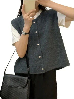 OYOANGLE Women's Button Front Cardigan Sweater Sleeveless Crew Neck Knit Sweater Vest