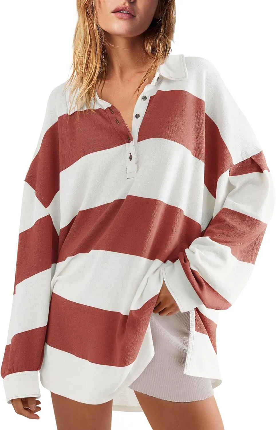 Panadila Womens Long Sleeve Striped Shirt Oversized Polo Shirts Casual V Neck T Shirt Loose Fit Tunic Tops