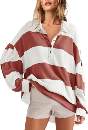 Panadila Womens Long Sleeve Striped Shirt Oversized Polo Shirts Casual V Neck T Shirt Loose Fit Tunic Tops