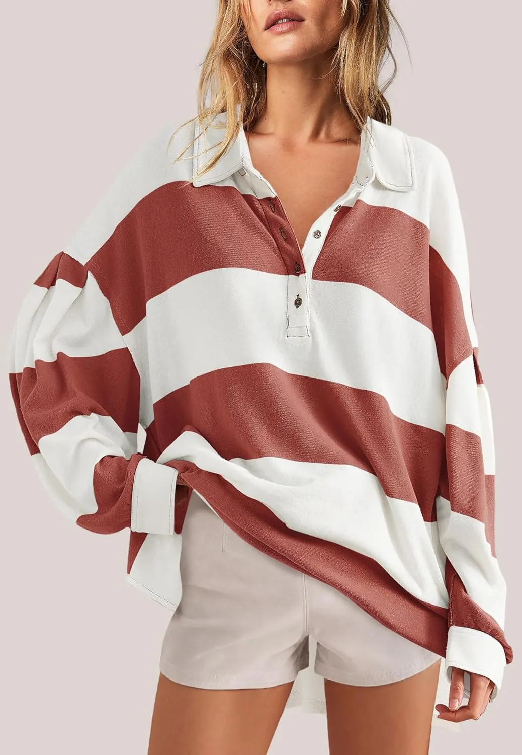 Panadila Womens Long Sleeve Striped Shirt Oversized Polo Shirts Casual V Neck T Shirt Loose Fit Tunic Tops