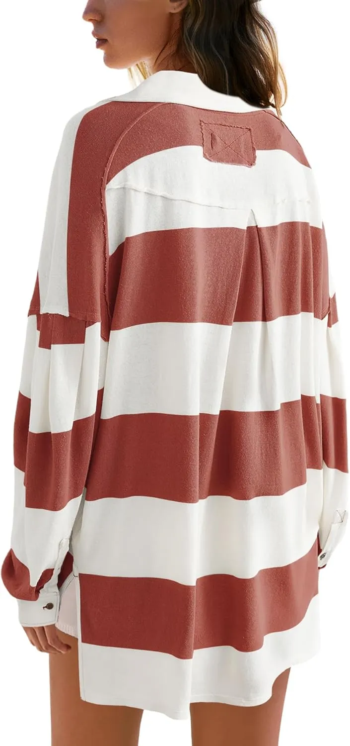 Panadila Womens Long Sleeve Striped Shirt Oversized Polo Shirts Casual V Neck T Shirt Loose Fit Tunic Tops