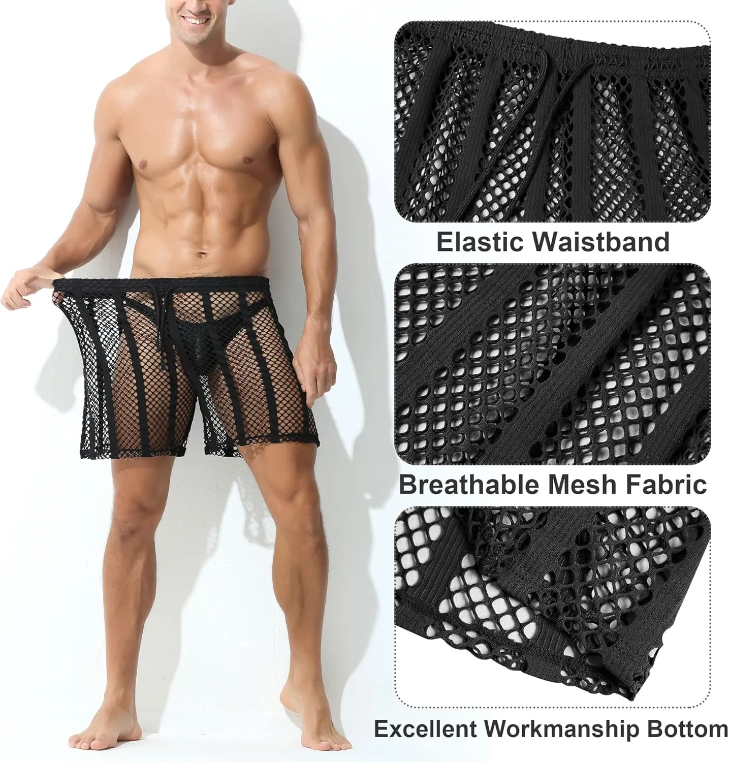Panegy Men's Fishnet Legging Pants & Shorts Mesh Drawstring Loose Lounge Pants Swim Shorts