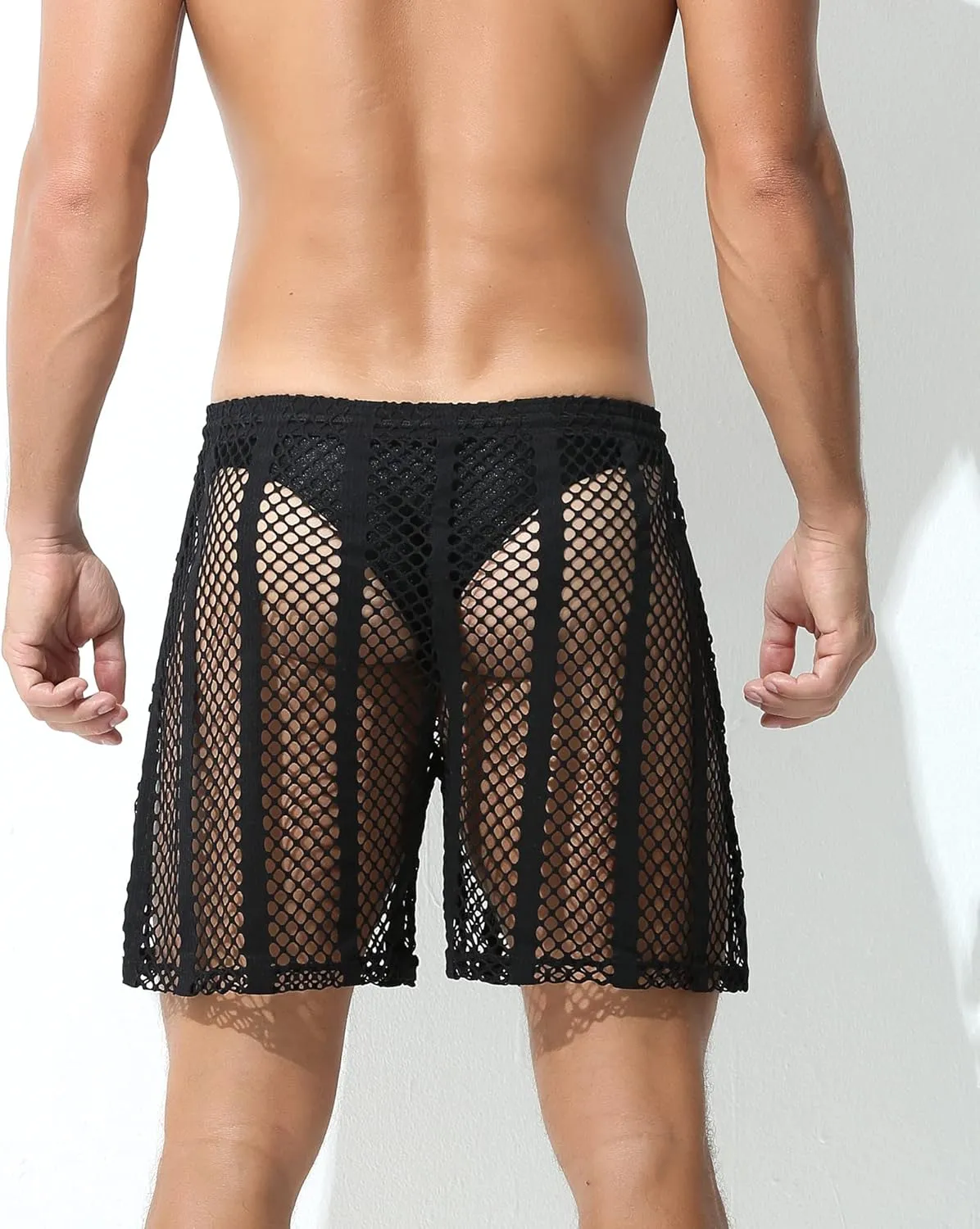 Panegy Men's Fishnet Legging Pants & Shorts Mesh Drawstring Loose Lounge Pants Swim Shorts